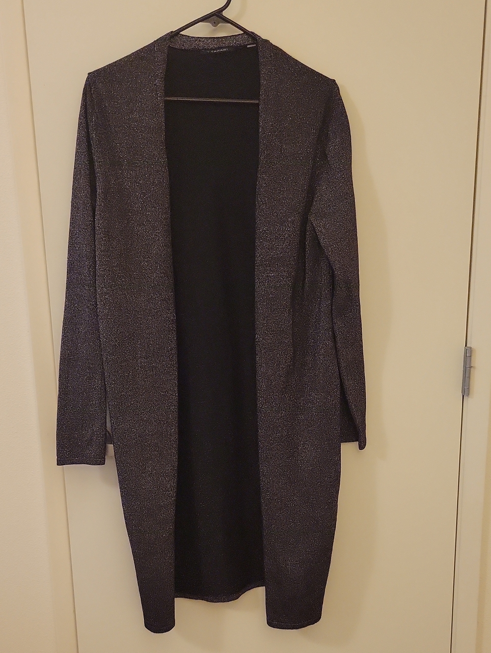 T Tahari Metallic Charcoal Open-Front Long Cardigan